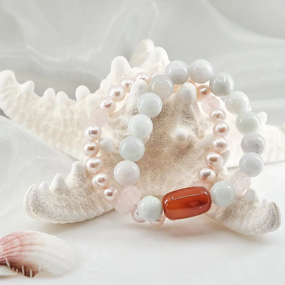 Jade Bracelet Set of 2, Genuine Jade w/Red Agate & Blush Pearls, Quiet Luxury